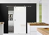 BV-1025WA: Schiebetürsystem VSG 1025x2050x8mm Dekor VW, hochglanz weiß; Edelstahl Laufrollensystem SoftStop; G