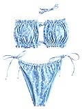 ZAFUL Damen Bikini Set, schulterfrei Bandeau mit Kordelzug & Rüschen High Cut Einfarbig Bademode (Blumen-blau, L)