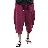 ??Amlaiworld Leinen Baumwoll Weite Beinhosen Sommer Strand locker Pants Tasche Sport Herren Hosen Mode Band 3/4 lang Freizeithose männer Gemütlich Fitness Streetw