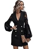 DIDK Damen Blazer Kleid Kurz Kleider mit Spitzen Laternenärmeln Elegant Herbst Minikleid Office Freizeitkleid Partykleid mit Schal Kragen Schwarz M