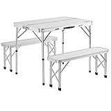 Casaria Alu Koffertisch Klappbar 2 Bänke Tragegriff Schirmhalterung 90 x 60 cm Campingtisch Klapptisch Campingmöbel Set Weiß