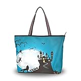 JUMBEAR Canvas Tote Bag Damen Handtasche Halloween Wolf Katze Fledermaus Damen Einkaufstasche Schultertasche L, a, M