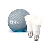 Echo Dot (4. Generation) mit Uhr, Blaugrau + Philips Hue White-Lampe Doppelpack (E27), Funktionert mit Alexa - Smart Home-Einsteigerpak