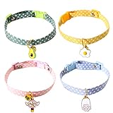 4 Stück Katzenhalsbänder Verstellbares Kätzchenhalsband Weiches Baumwoll Haustierhalsband mit Glocke, Schnellverschluss, Süß Anhängern für Hauskätzchen Katzen Welpen Kleine Hunde, Rosa/Gelb/Grün/B