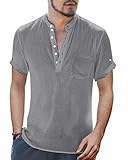 Gemijacka Hemd Herren Kurzarm Leinenhemd Regular Fit Kragenloses Shirt mit Halber Knopfleiste Sommer Leinen Tshirt Grau M