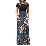 HXZH Lässiges Maxikleid für Damen, kurzärmelig, lange Kleider mit Taschen, Blumendruck für Damen, ausgestellt, lässig, Sommer, Party, Strand, Kreuzfahrt, Urlaub, Bootsausschnitt, langes Kleid, grün, S