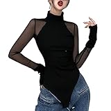Aurlust Damen-Body mit langen Ärmeln, schwarz, hoher Ausschnitt, durchsichtig, Netzstoff, Patchwork, schmale Passform, lässiger Body, Schwarz , 42