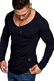 Amaci&Sons Oversize Herren Longsleeve Vintage Sweatshirt V-Neck Basic V-Ausschnitt Shirt 6060 Navyblau M
