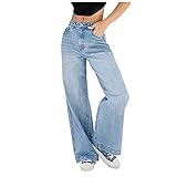 BALABUE Damenmode Lose Weites Bein Damenjeans Lässige Drag Jeans Lose Schlaghose Denim Bootcutjeans Übergröße Langer Jeanshosens mit Hoher Taille（Blau,L