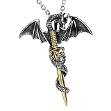 Cupimatch Herren Edelstahl Halskette, Gotik Drachen Schläger mit Schwert Kreuz Anhänger mit 55cm Kette Halsband, Silber G