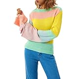 Yassiglia Damen Strick Langärmel, Herbst Kreativer Regenbogen Runder Kragen Gekräuselte Ausgestellte Ärmel Kurzer Pullover Strickjacke mit Großen Ärmeln Pulli (Gelb Rosa, X-Large)