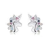 Qings Einhorn Ohrringe 925 Sterling Silber Kleine Ohrstecker Einhorn Bunte Zirkonia Ohrstecker Ohrringe für Kinder Tier Ohrringe Teenager M