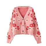 nicticsi Strickjacke Damen Y2K Pullover mit Blumenmuster V-Ausschnitt Langarm Vintage Preppy Stil Strickpullover Floral Print Cardigan J Rosa Einheitsgröß