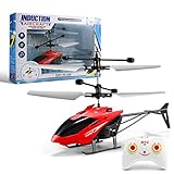 Ferngesteuerter Hubschrauber Mini RC Helicopter LED Gyro Schwebefunktion Expertenmodus Indoor Geschenk Kinder Ab 8 Jahre, USB-Ladegerät (Color : Red (Induction+Remote Control))