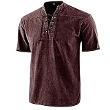 Shirt Herren V-Ausschnitt Schnürung Einfarbig Tops Herren Lose Kurzarm Jeanshemd Herren Vintage Klassische T-Shirt Herren Work Lässig All-Match Shirt H