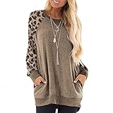 TYTUOO Mode Damen Casual Leopard Pullover Langarm Pullover V Ausschnitt T Shirt Sweatshirt Oberteil mit Taschen Bluse Tunika, A-Kaki, XX-Larg