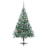 Catherinol Weihnachtsbaum Gefrostet mit LEDs Kugeln Zapfen Set, Tannenbaum, Nordmanntanne mit Holzständer, Weihnachtsdeko, 150