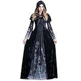 Battnot Halloween Kostüm für Damen Maxi Kleider+Umhang 2-teiliges Set, Frauen Hexe Cosplay Horror-Vampir Party Vintage Langarm Hausfrau Abend Abschlussball Schwingen Kleidung Womens Dress S-XXL