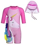 AmzBarley Mädchen Sonne UV-Schutz Badeanzuge EIN Stück Badeanzüge Kinder Karikatur Tier Strand Urlaub Hautausschlag Neoprenanzug Einhorn mit Sonnenkappe Rosa 2-3 Jahre 4