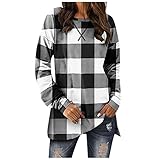 XIOerziwo Damen Outdoor Winter Pullover Sweater Sweatshirt Sweatjacke Leicht Frauen Damenmode kariertes, bedrucktes Saum-Langarm-T-Shirt mit mittlerer Läng