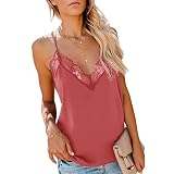 KBUY Spitze Camisole Damen Oberteil Basic Spaghettiträger Tank Top Damen V Ausschnitt Cami Shirt Damen Tank Tops mit Spitzenbesatz Frauen Einfarbig Leibchen Schlinge Oberteile T Shirt Lose B