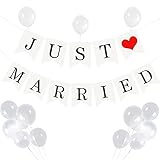 Just Married Hochzeitsbanner mit 10 weißen Latexballons, Hochzeitsschild Girlande Wimpel Photo Booth Requisiten für Brautdusche Engagement Autodekoration C