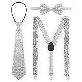 iEFiEL Damen Pailletten Hosenträger bunt Glitzer mit 3-Clips Y-Form Verstellbar Damen Faschingskostüm Set mit Schleife Party Karneval Zubehör X Silber mit Krawatte One S