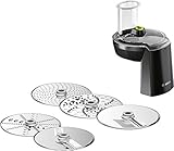 Bosch Zubehör-Set VeggieLove MUZ9VL1, Durchlaufschnitzler inkl. 5 Scheiben (Schneid-Wende-Scheibe, Raspel-Wendescheibe, Reibescheibe mittelfein, für Asia-Gemüse und Rösti) für OptiMUM Kü