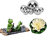 Miniteich Deko Set Schwimmfrosch mit 6 Silber Kugeln und 2 STK Lotusblüte für Miniteich Terrassenteich Zinkwannen Solarbrunnen Garten Balkon Teiche Deko FröscheaufBambusfloß