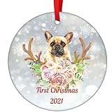 Baby's First Christmas Ornament 2021 Französische Bulldogge Ornamente für Weihnachtsbaum Xmas Dekorative Hängende Ornamente Schneeflocke Keramik Ornament Neugeborenes Baby Geschenk fü