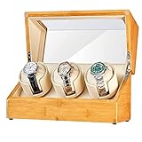RTYUIO Uhrenbox Bambus Holz Automatischer Uhrenbeweger für 3 Uhren Rotator Box mit leisem japanischem Motor Flexible Uhrenkissen Passend für Damen- und Herrenuhren (3+0)