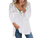 Damen V-Ausschnitt Reißverschluss Langarm Oberteil Blumen Drucken Herbst Langarmshirt Lässig Locker Tunika Bluse Shirt Top Basic T-Shirt Tägliche Freizeit Elegante Langarmshirt (White, L)