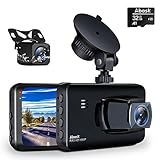 Abask Dashcam Auto Vorne Hinten Dual 1080P FHD Auto Kamera mit 320° Weitwinkel 3 Zoll Bildschirm, G-Sensor, Loop-Aufnahme, WDR, Parkmonitor, Bewegungserkennung, Nachtsicht, Max 128 GB Speicherk