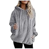 Kapuzenpullover Damen Hoodie Pullover Warm Teddy-Fleece Langarm Oversize Sweatshirt Basic Herbst Winter Oberteil Einfarbig Casual Langarmshirt Tops mit Kordel und T