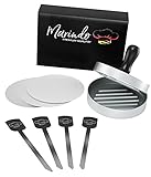 Marindo Burgerpresse Set *NEU 2021* – Burgerpresse, Burgerspieße, Trennpapier, Umverpackung zur Aufbewahrung| Hamburgerpresse mit 12cm Pressfläche | Burg