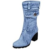 Supertong Damen Stiefeletten Römische Schuhe Mode High Heels Stiefel Einfarbig Vintage Denim Dicker Absatz 5-8cm Chelsea Boots Frauen Jeansstiefel mit Blockabsatz rutschfest W