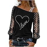 Trendige Oberteile Damen Sexy Heißes Bohren T Shirt mit Liebe Herz Motiv Pullover mit fünfzackigen Sternen und Pailletten schulterfreie Sling Shirts Durchsichtige Tunika Bluse mit langen Ä