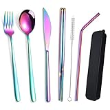 7 Stück Regenbogen Besteckset aus Edelstahl, Set Tragbare Utensilien, Bunte Besteck Set, Modern Besteck Set, Edelstahl Bunt Modern Besteck Set, für Wandern, Reisen, Schule, Mittagessen und Picknick