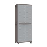 Terry, Jrattan 368 , Besenschrank mit zwei Türen in Rattan-Optik, Innenregal mit 4 Einlegeböden, für den Innen und Außenbereich/Taubengrau - 68x37,5x170