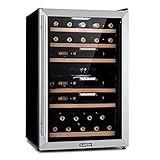 Klarstein Vinamour Duo Weinkühlschrank, EEK G, 2 Kühlzonen, 112 Liter, Temperaturen: 4-12 °C (obere Zone) / 12-22 °C (untere Zone), 37 Flaschen, Touch, 5 Holzeinschübe, 1 Holz-Bodenregal, E