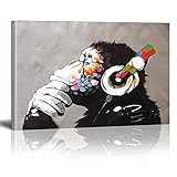 Banksy Bilder auf Leinwand AFFE mit Kopfhörer Graffiti Street Art Wand Bild Pop Art Gemälde Kunstdruck Modern Wandbilder XXL Wanddekoration (Mit Rahmen, 110x60cm)