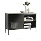 MEUBLE COSY Sideboard Kleiderschrank Wohnzimmer Aufbewahrungsschränke Garderobenschränke Metall Schrank mit Regal Ablage und Tür, Schwarz und Braun, 96x40x64.5