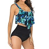 SUMMERA Zweiteiliger Tummy Control Tankini Neckholder Badeanzüge für Damen 2-teilige Badeanzüge Volant Top mit hoch tailliertem Bottom Bikini Set (Blau,M)