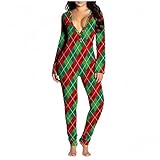 Weihnachten Jumpsuit Damen Sexy Schlafanzug Funktionell Buttoned Flap Pyjama Nachtwäsche Bodysuit Einteiliger Thermo Unterwäsche mit Knopfleiste Overall Sleepwear Herbst Winter Play