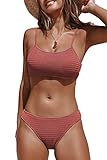 CUPSHE Damen Bikini Set Bandeau Geraffter Bikini Low Waist Gesmokte Bademode Zweiteiliger Badeanzug Ziegelrot M