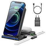 3 in 1 Kabelloses Ladegerät, Kabellose Ladestation, 15W Wireless Charger kompatibel mit iPhone 13 12 11 Pro Max/XS/XR/X/8 Plus,für iWatch 7/6/5/4/3/2,für AirPods Pro/2/3 (Mit 18W QC 3.0 Adapter)