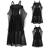 Halloween Kostüm Damen Kleid Große Größe Gothic Maxikleid Sexy Spitze Kleider Mittelalter Kleid mit Trompetenärmel Cosplay Gebunden Taille Kleid Karneval Party Abendkleider Dress Kanp