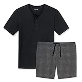 Schiesser - Mix & Relax Kombi - Schlafanzug T-Shirt mit Knopfleiste und Hose kurz (58 Schwarz Gemustert)