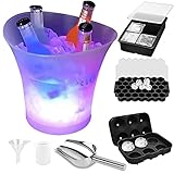 LED Eiskübel Set, 5L Sektkühler, 3 Eiswürfelbehälter mit deckel,Trichter, Cup, Schaufel, Wein Bier Champagner Kühlen Getränkekühler Flaschenkühler Weinkühler für whiskey Cocktails Party Haus B