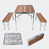 Wiltec Aluminium Koffertisch mit Zwei Bänken Holzdesign 90x66x70 cm klappbar Campingtisch Sitzgrupp